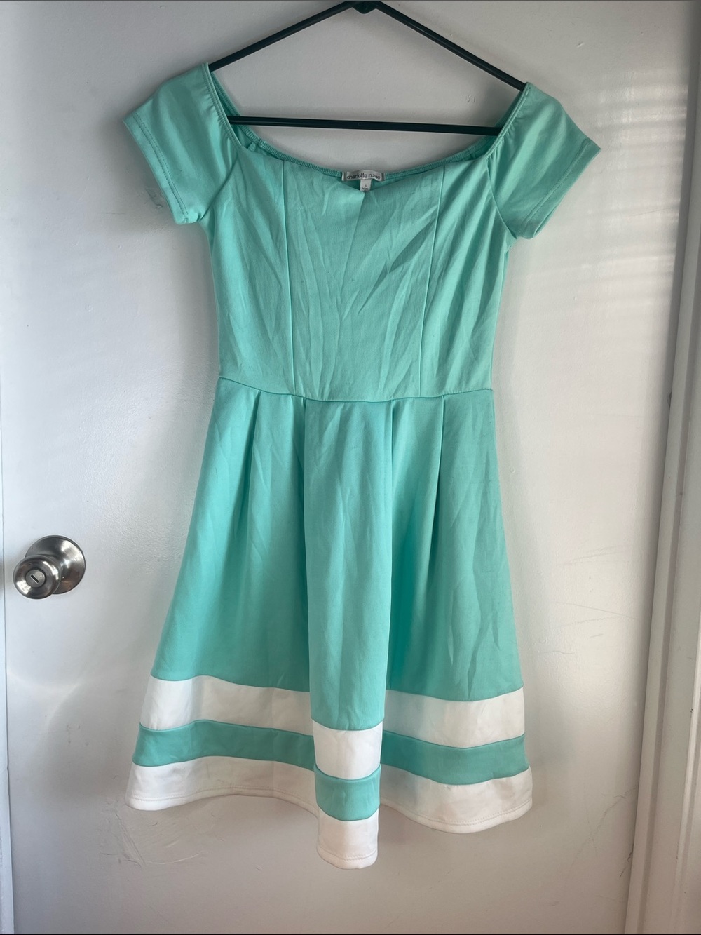 Vintage Charlotte Russe Mint Off-Shoulder Skater Dress with White Stripes